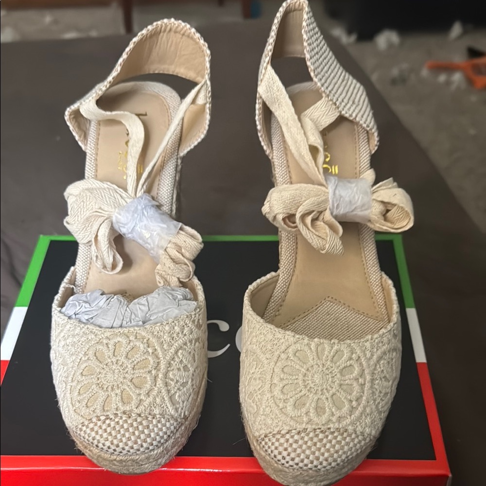 Bucco Cream Espadrille Lace Sandals with Ankle Bow